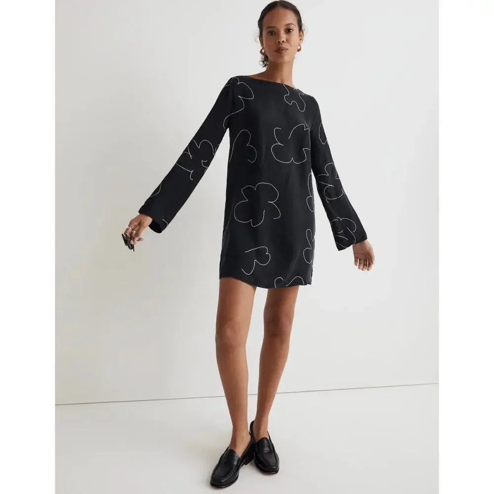 Madewell Shift Mini Dress Long Sleeve True Black Cupro Minimalist Light XXS NWT - Picture 2 of 13